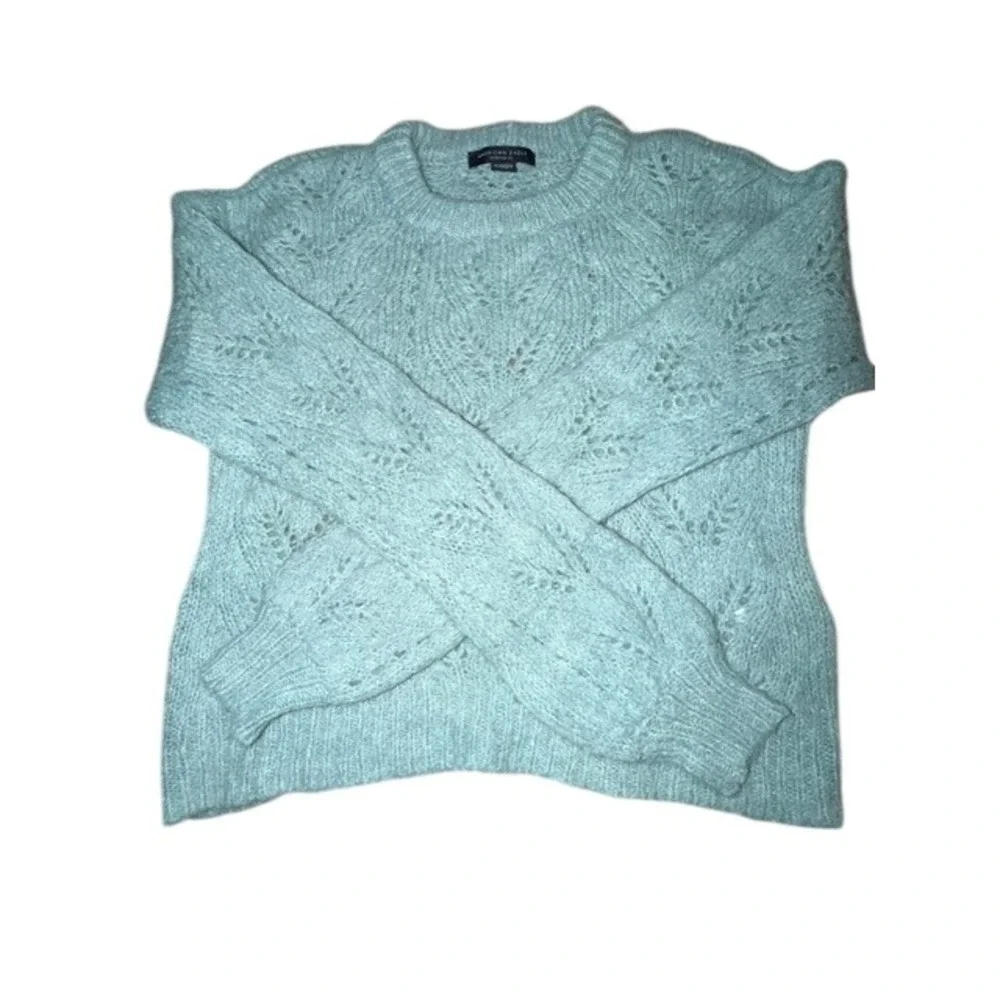 American Eagle Women Aqua Blue Pointelle Knit Cropped Wool Blend Sweater XS
